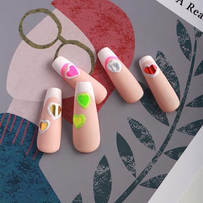 12 Colors Love Heart Nail Art Stickers, 3D Love Self-Adhesive Sticker Design, Laser Gold Silver Red Black White Pink Yellow Green Pink Blue Heart Nail Transfer Decals for Women Manicure Decorations