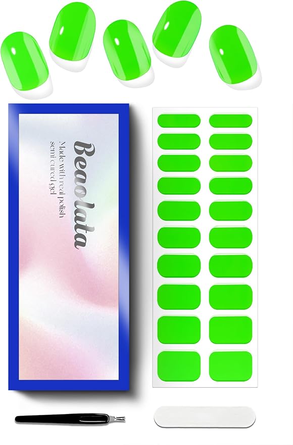 Semi Cured Gel Nail Strips - UV Light Gel Nail Stickers - 20 Long Lasting Salon Quality Wraps (Acid Drop Green)