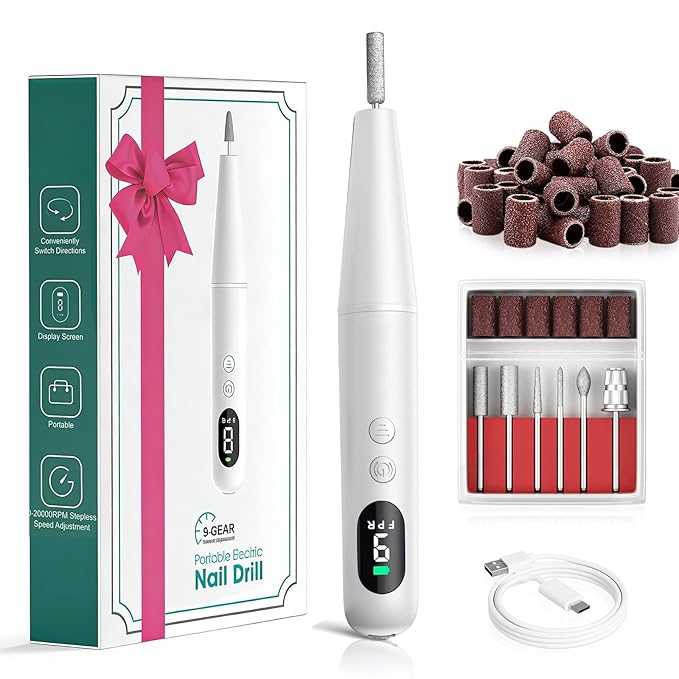 Salon-Grade Electric Nail Drill – Professional Cordless Nail File with LED Display, 6 Specialized Bits & 26 Accessories for Gel/Acrylic Nails & Thick Toenails (White)