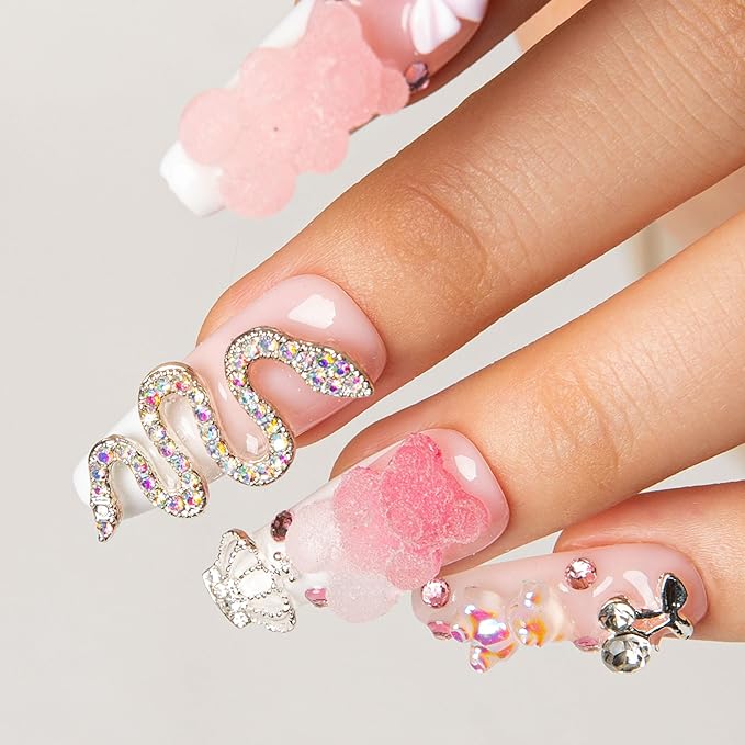 LOVFUL Press on Nails Marshmallo Gummy Bear Square | Handmade with Full Covered Crystals | Reusable Fake Nails | Coffin Classic Regular 1.3 in | H26-S
