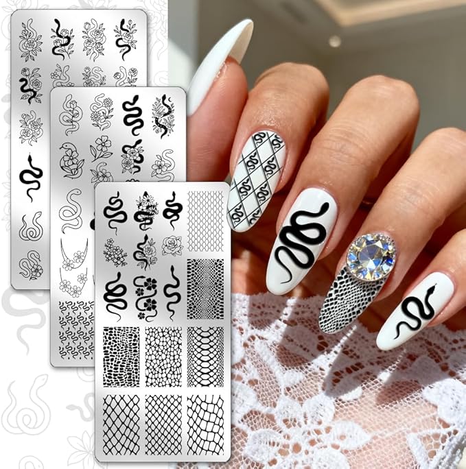 PH PandaHall 3pcs Snake Flower Nail Stamping Plate, Dark Romantic Style Nail Art Templates Mysterious Stainless Steel Image Plate Art Stencils with Tools for Women DIY Print Manicures Salon Design