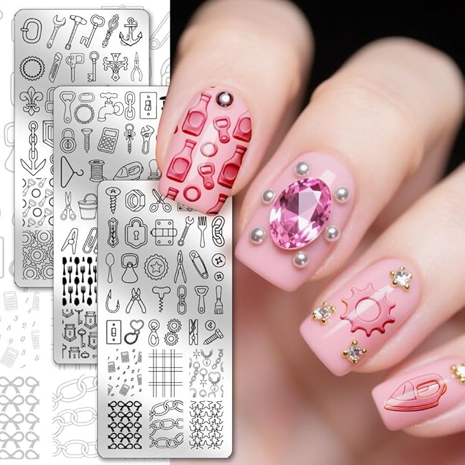 PH PandaHall 3pcs Ironware Nail Stamping Plate Industrial Style Nail Art Templates Pliers Screw Nails Image Plates Key Gear Nails Art Stencils Nail Stamper Kit for Women Print Manicures Salon
