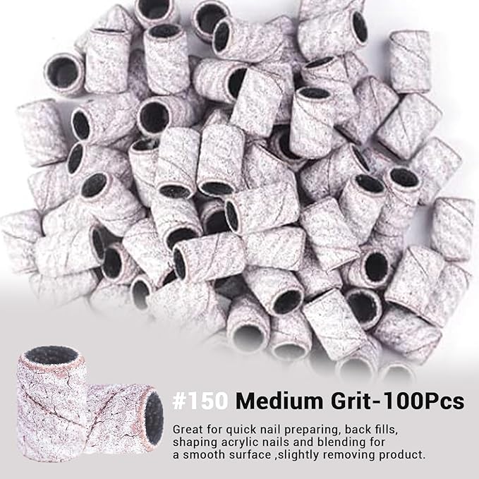 MelodySusie 100 Pcs Nail Drill Bits Sanding Bands for Nail Drill 150 Medium Grit Nail File Sanding Bands for Acrylic Nails Gel Manicures and Pedicure