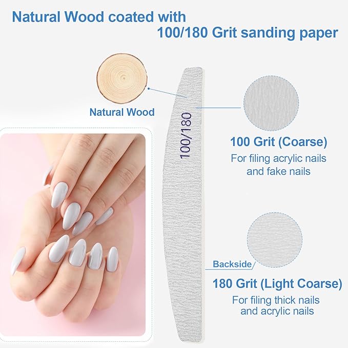 Nail Files (50 Pack), 100/180 Grit Wooden Emery Board Nail File Double Sided Wood Emory Fingernail Files for Natural Nails Professional Reusable Manicure Pedicure Curved