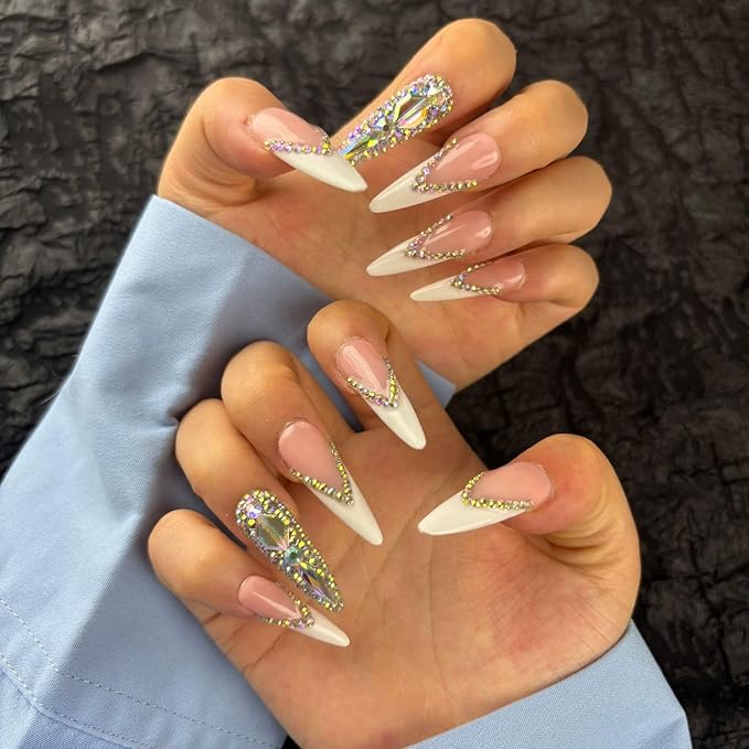 French Tip Press On Nails Long Stiletto,10 Pcs Handmade Acrylic Fake Nails Press Ons Salon Design Stick On Nails,Luxury UV Gel Glue On False Nails with 3D Rhinestone 039L)
