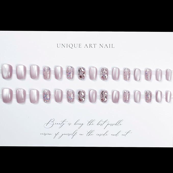 Press on Nails Short Light Purple Cat Eye Stone Gradient Glossy Fake Nails, Sparkling Glitter and Rhinestone Accents, False Nail Tips for Women and Girls, 30Pcs with Glue & Tool Kit