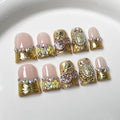 10 Pcs French Tip Press on Nails Duck Medium Handmade Fake Nails with Glue,Full Cover 3D Cherry Flower Luxury Rhinestone Pattern Design False Nails Artificial Acrylic Glue on Nail for Women (Size S）
