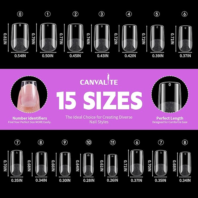 Canvalite 450Pcs Square Short Press on Nails Kit with Nail Glue & Remover - Acrylic Gel Nail Tips for Extensions, 15 Sizes Full Cover False Nails, Half Matte & Glossy Finish, DIY at Home & Salon Use