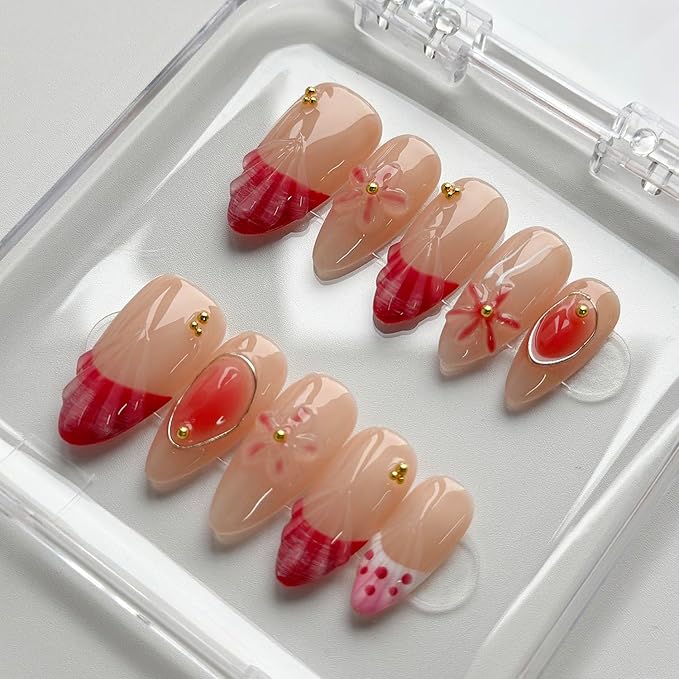 Luxury Press on Nails Medium Almond Handmade 3D Unique Reusable ABS Material Fake Nails Pink French Tip False Nails with Designs Pink Floral Polka Dots Glossy Glue on Nail Thick Acrylic Nail(M)