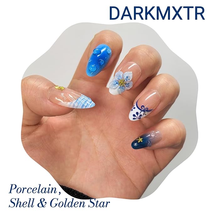 3D Blue Floral Press on Nails (30 Pcs) - Long Almond Fake Nails with Handmade Flower & Glazed Design,Easy Application Manicure Set for Work, Party & Daily Use, Perfect for Women
