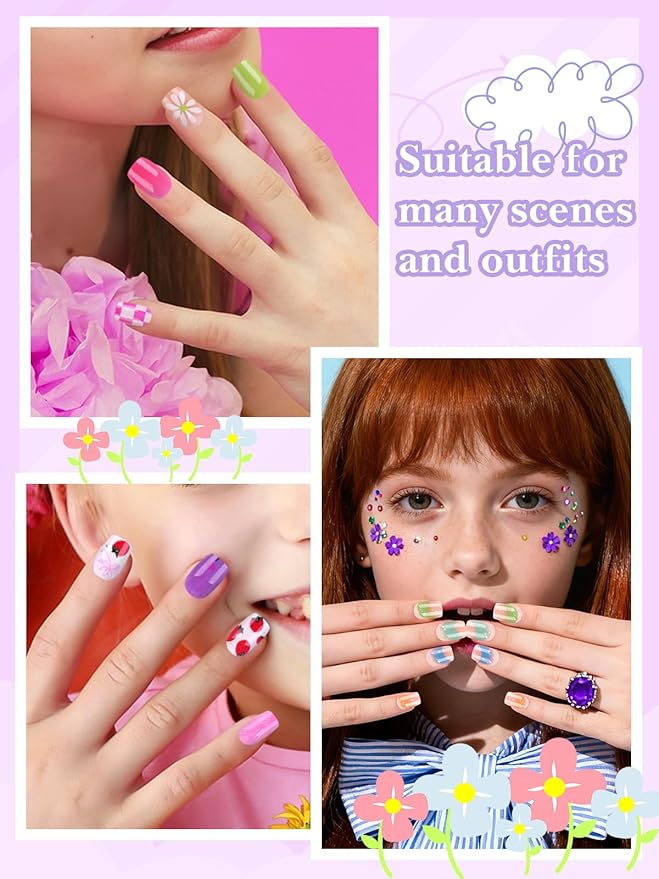 EBANKU 130 Pcs Press on Nail Kids, 5 Pack French Flower Kid Flase Nails Kit with Nail Glue Set Fake Nail for Girls 5-10 Years Christmas Gift Set