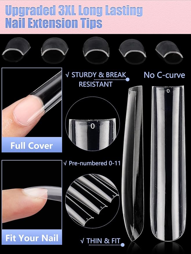 Quaferen 504Pcs Clear Square Nail Tips for Acrylic Nails Professional, XXXL Extra Long Tapered Square Straight Acrylic Nail Tips, Full Cover No Crease Nail Extension False Nails for DIY Nail Art