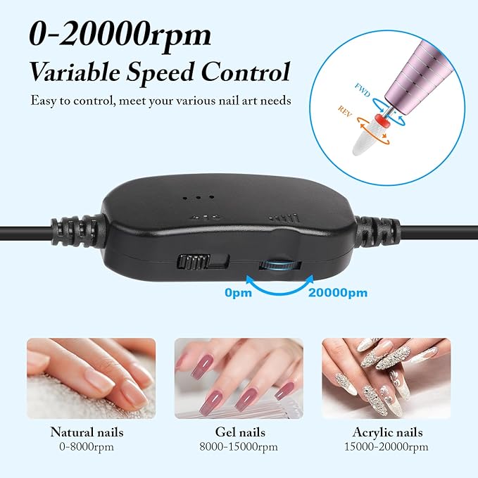 Electric Nail Drill, Ultra-Quiet Low Vibration Electric Nail File, Portable Electric Nail File for Crystal Gel Nails, Manicure and Pedicure Tools Polishing Set for Home and Salon Use (Pink Set)