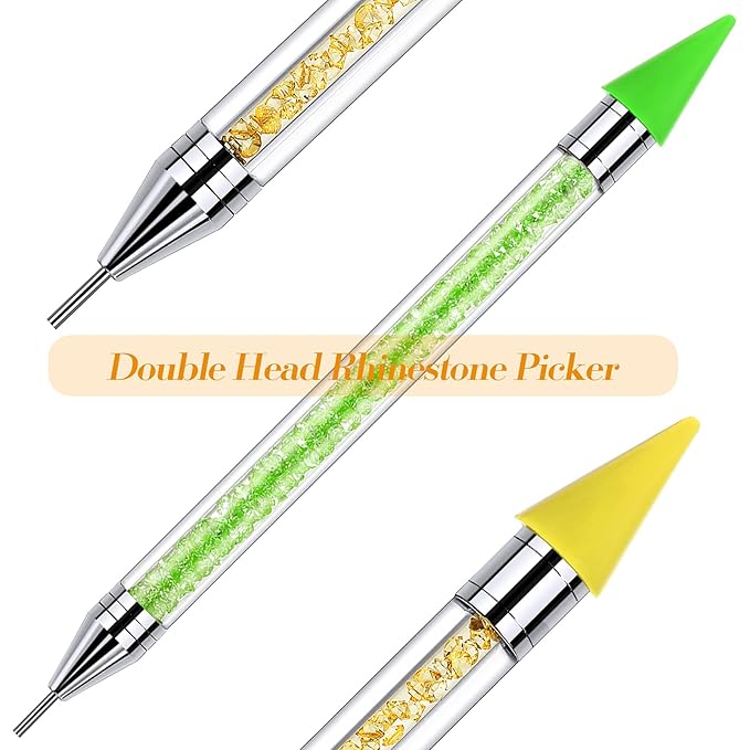 Tatuo 2 Pieces Rhinestone Picker Dotting Pen, Dual-ended Rhinestone Gems Crystals Studs Picker Wax Pencil Pen Crystal Beads Handle Manicure Nail Art DIY Decoration Tool (Green, Yellow)