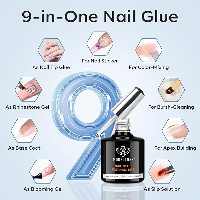 modelones X Nail Gel Kit Extra Short, 9-in-One Nail Glue with Portable U V Lamp 216Pcs 12Sizes Pre-Etched Press ons Fake Acrylic Extension Kit DIY Salon Gift for Women