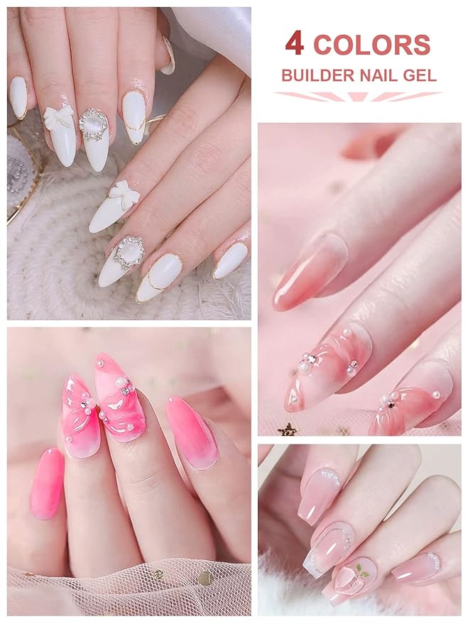 EBANKU Solid Builder Gel Kit, Builder Gel for Nails 4 Colors Clear White Nude Pink for Nail Art Strengthen Nail Extension Kit for Beginners Home DIY, 4 * 15g