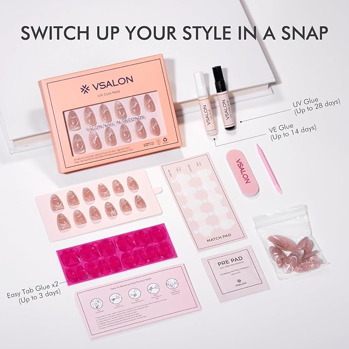 VSALON Press On Nails Short Almond, 32 Pcs 16 Sizes Nude Cat Eye Press On Nails Neutral Sparkly Fake Nail With UV Glue On Nail Kit, Reusable Stick On Nails Salon Quality Valentines Gifts For Women