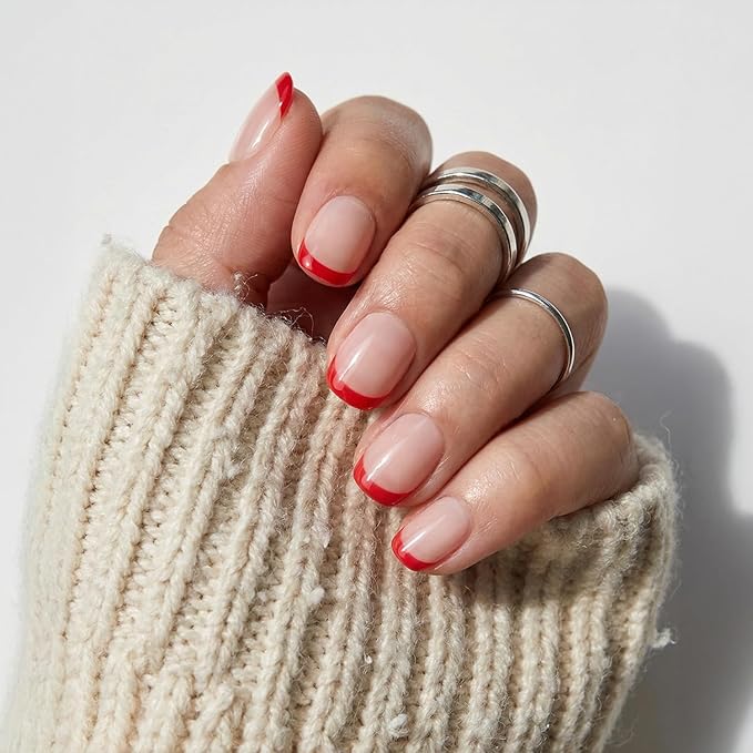Valentines Day Glamnetic Press On Nails - Hotline Red | Super Short Fake Nails in Fiery Red French Tips on Semi-Transparent Base in a Glazed Finish | 15 Sizes - 30 Nail Kit with Glue