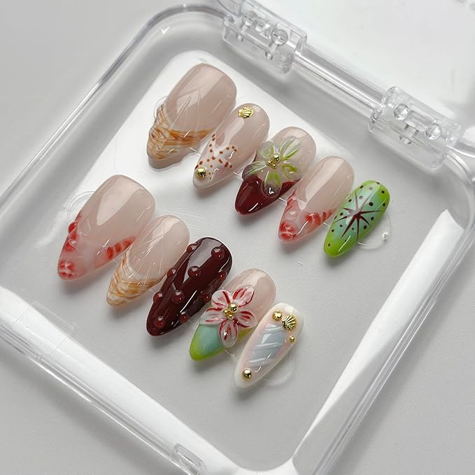 Luxury Press on Nails Medium Almond Handmade 3D Unique Reusable ABS Material Fake Nails French Tip False Nails with Designs Starfish Water Drop Red Flower Glossy Glue on Nail Thick Acrylic Nail(S)