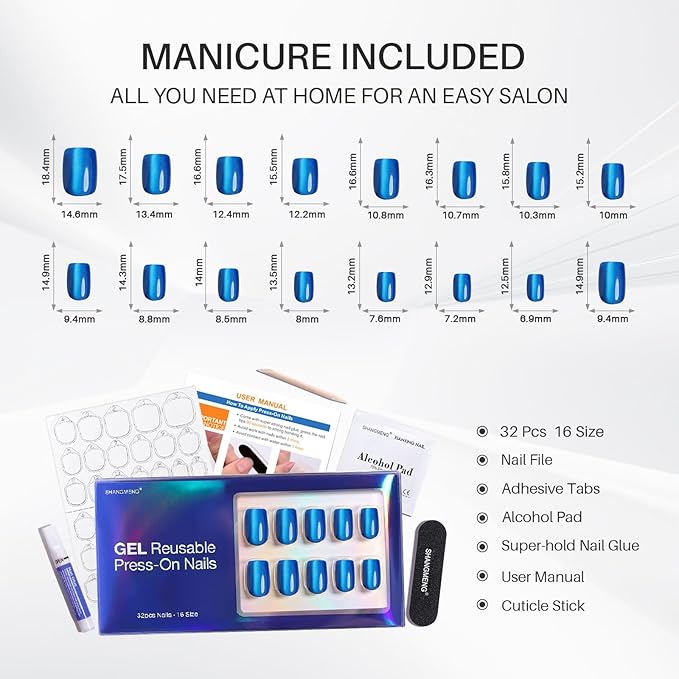Blue Cat Eye Press on Nails Square - SHANGMENG Soft Gel Press on Nails Short for Women Gift, Fit Perfectly & Natural Stick on Nails with Glue in 16 Sizes - 32 Reusable Fake Nails, Royal Blue