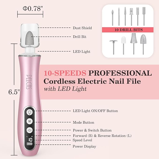 PELCAS Electric Nail File, 10 Speeds Cordless Nail Drill Kit with LED Light, Professional Nail Grinder with LCD Screen Portable e File for Human, Pet, Thick Toenails, Natural & Acrylic Nails Pink