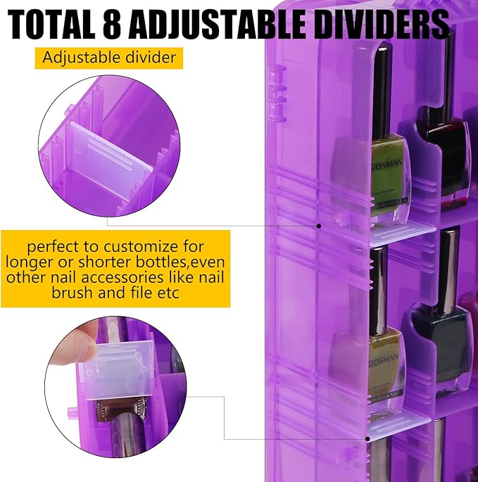 Universal Nail Polish Holder Gel Nail Polish Organizer Case for 48 Bottles Adjustable Dividers Space Saver,Double Sided Storage for Nail Bottles Mini Cars Threads Essential Oils (Purple)