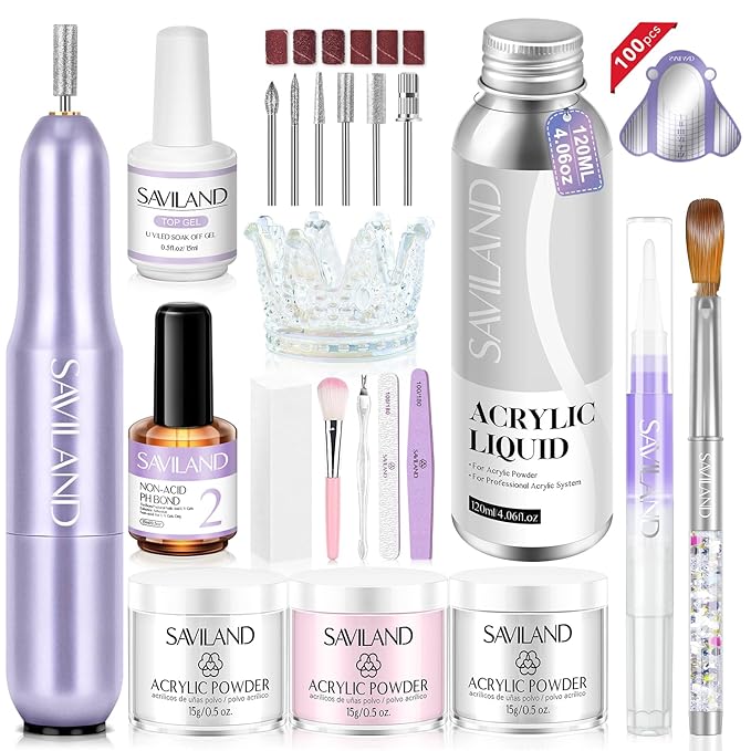 SAVILAND Acrylic Nail Kit with Drill: Professional Salon Nails Kit with Everything Acrylic Powder and Liquid Set Nail Brush Forms Top Gel & Manicure Tools Kit for DIY Extension Carving Home Use