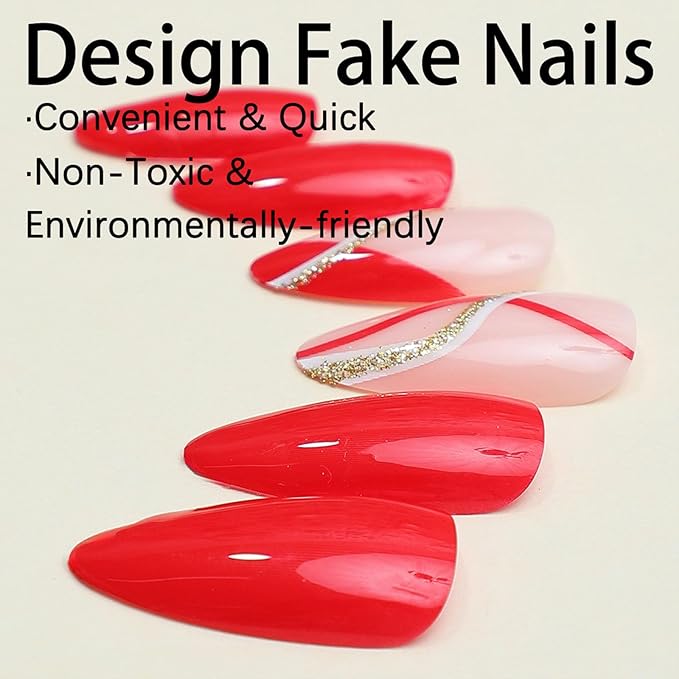 Red Press on Nails Medium Almond Fake Nails with Designs Gold Glitter Line False Nails Press ons Glossy Full Cover Glue on Nail Cute Acrylic Artificial Stick on Nail for Women Manicure 24Pcs