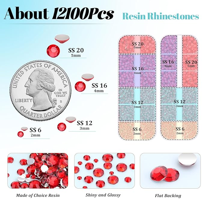 12100Pcs Red Rhinestones Craft Kit with 3Pcs 10ml B7000 Jewelry Glue, 2 Boxes Flatback Crystals for DIY Nail Art, Resin Gems for Clothing Shoes
