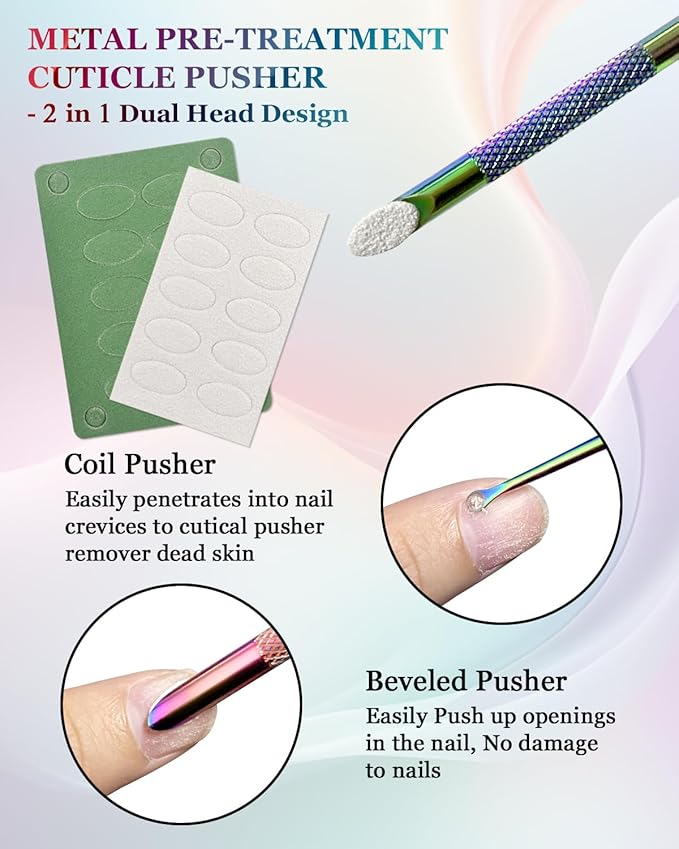 Dual Ended Cuticle Remover, Pre-treatment Cuticle Pusher with Loop Cuticle Pusher Removing, Stainless Steel Cuticle Nail Tool with 100#/240# Grit Nail Files and 1p Storage Bags, For Salon & Home Use