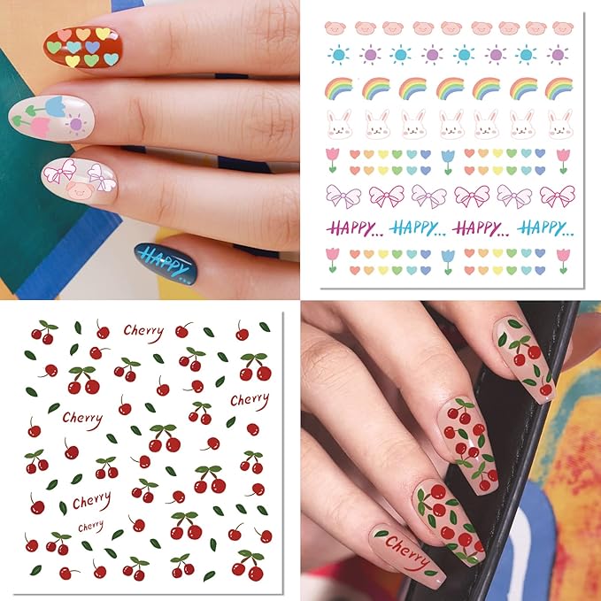 24 Sheets Nail Art Stickers, Nail Sticker Decals for Girl Women, Cute Flower Heart Rainbow Star Nail Stickers Decoration Self-Adhesive