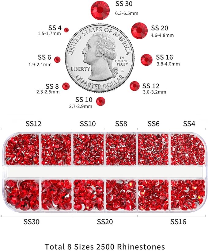 Beadsland Rhinestones for Makeup,8 Sizes 2500pcs Light Red Flatback Rhinestones Face Gems for Nails Crafts with Tweezers and Wax Pencil,Light Siam,SS4-SS30