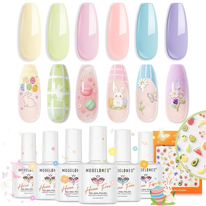 modelones Pastel Gel Nail Polish Set, Hema Free Macaron Gel Polish Set Light Pink Pastel Yellow Purple Baby Blue Green 6 Colors 2026 Spring Easter Nails with Fruit Theme Stickers LED Mani Gift