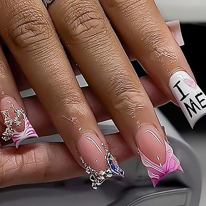 French Tip Press on Nails Medium Square MABKJLF Fake Nails 3D False Nails with Designs Water Ripple Rhinestones Stars Charm Zebra Print Glossy Glue on Nails Acrylic Nails for Women Girls 24 Pcs