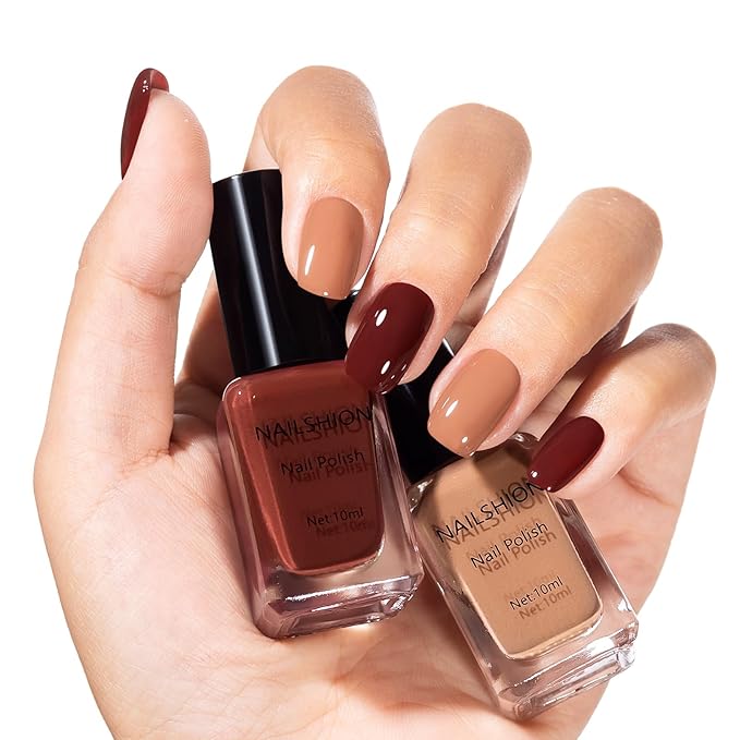 Chocolate Brown Nail Polish, 2 Colors Mocha Mousse Nail Polish Duo Non-Gel, Opaque, Fast Drying, Rich in Castor Oil, Streak Free & Long Lasting Glossy Nail Art