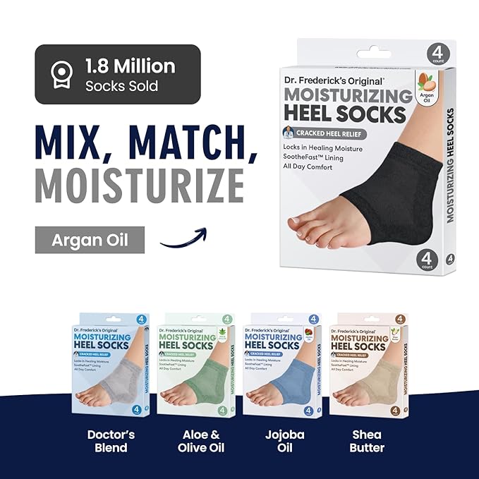 Dr. Frederick's Original Moisturizing Heel Socks for Dry Cracked Heels Treatment - Infused with Olive Oil, Jojoba Oil and Vitamin E - 2 Pairs - Valentines Day Gifts for Her & Him - Black Argan