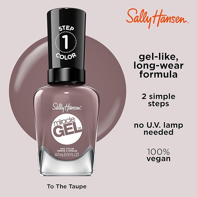 Sally Hansen Miracle Gel Salon Quality Nail Polish | Gel-Like Formula, Two-Step System, No UV Light Needed, Long Lasting | Opaque, Crème | 205 To The Taupe | Deep Taupe Nail Polish
