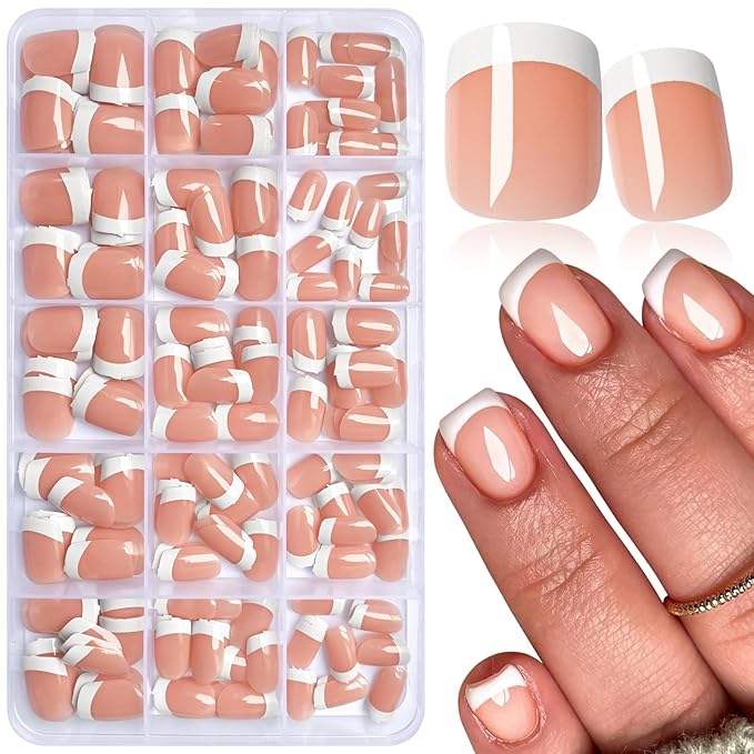 AddFavor White French Tip Press on Nails Short - 240pcs Tangerine Pink Extra Short Square Fake Nails, Square Nails Press on Acrylic Nail Extension Nails Art DIY