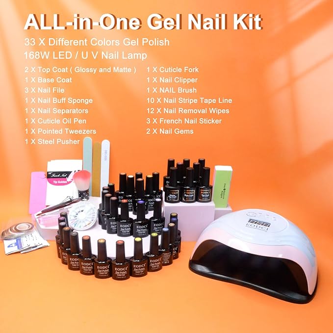 Gel Nail Polish with Lamp, 33 Colors Gel Nail Kit Fall Orange Red Purple Nail Polish Set 168W UV Lamp, No Wipe Base Top Coat & Manicure Tools Starter Kit DIY Home Salon Gifts