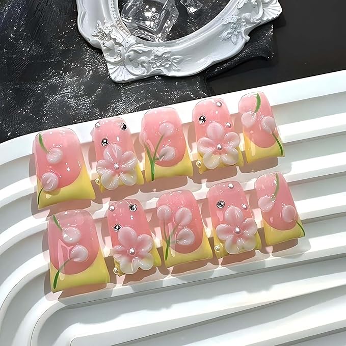 Pink Press on Nails Handmade Duck Glue on Nails Yellow French Tip with 3d Flower Design Elegant for Women for Spring 10pcs M Size Pattern 1105