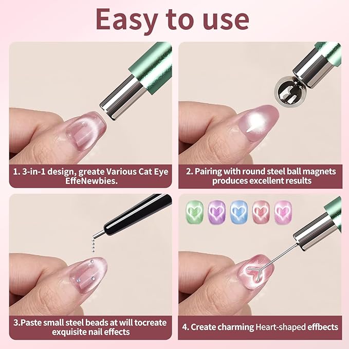 4-Piece Cat Eye Magnet Set – Green Dual-Ended Nail Magnet With Round Bead, Heart Nail Magnets for Nail Art, and Black Magnetic Bead-Pickup Pen, Magnet for Cat Eye Gel Polish DIY Nail Designs
