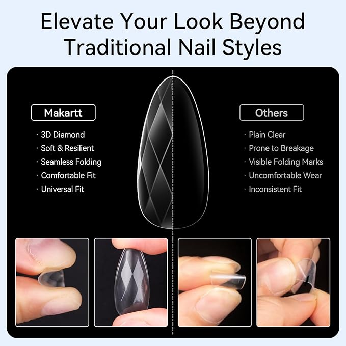 Makartt Medium Almond Soft Gel Nail Tips: 120pcs 3D Diamond-Shaped Fake Nails Extension, 12 Sizes Full Cover Clear Press-On Tip, Natural Rhombus Lattice, Suit for Chrome Nail Powder