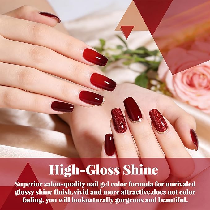 JR Red Gel Nail Polish Set, 16ml Full Size Bottle 6 Colors Red 9D Cateye Glitter Nail Gel Polish Gift Soak Off Led Nail Art Kit Salon DIY Colorful Bottle F