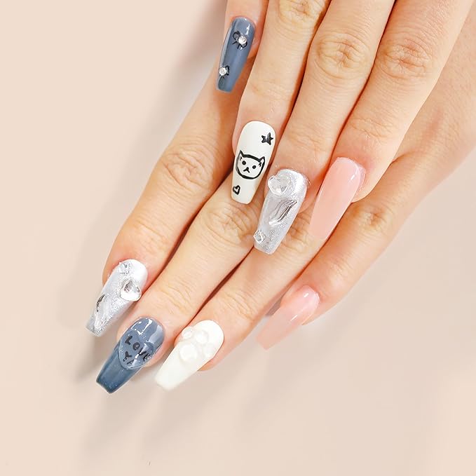 Sun&Beam Nails Handmade Press-on Medium Long Coffin Ballerina White Pink False Nail Tips Hand-Painted Cat Dog Design Fashionable Artificial 10 Pcs Set (#150 XS)