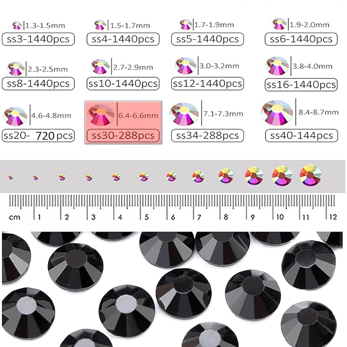 Dowarm 288pcs SS30 Flatback Crystals, 6.5MM Non-Hotfix Rhinestones for Crafts, Dance Costumes - Jet Black