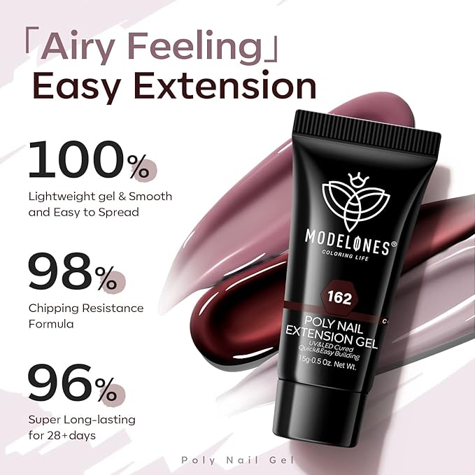 Modelones Poly Nail Gel Set, 6 Colors Burgundy Red Brown Champagne Gold Poly Extension Gel Builder Snow White Nude Grey Elegant Lady Collection French Manicure DIY Home Salon