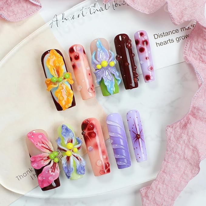 Flower Press on Nails Handmade Long Coffin Muti-Layer Gel Fake Nails Gradient Floral 3D Waterdrop Pattern Design Spring Summer Multicolor Thick False Nails French Tip Acrylic Nails for Women (Size M)