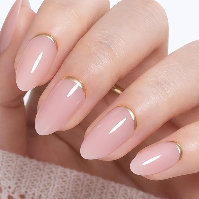 UNA GELLA 32Pcs Soft Gel Press on Nails - 16 Sizes Gold Rim Nude Pink Almond Glue on Nails, Reusable Elegant French False Nails, Full Cover Acrylic Nail Kit for Women DIY Home Manicure