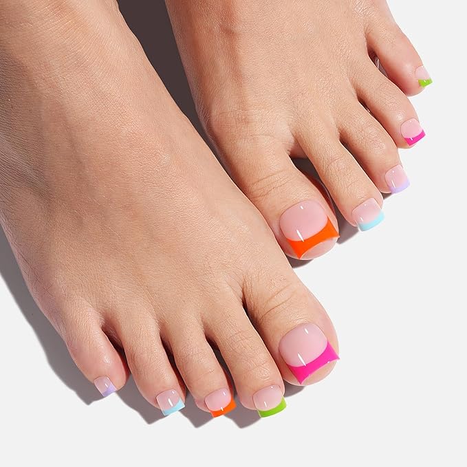 AILLSA Toe Nail Tips, French Press On Toenails 5 Mixed Colors, 15 Sizes Short Square Pre-Designed Full Cover Fake Toenails, Baby Pink Acrylic Wearable DIY Nail Art for Women