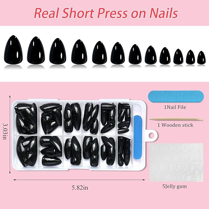 120pc Black Almond Press on Nails Short Fake Nails Press ons for Women Acrylic Nails Press on Nails&Glue Tabs, Short Black Press on Nails Almond False Nail Tip Stick on Artificial Fingernail